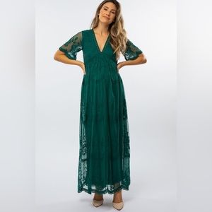 PinkBlush Forest Green Lace Mesh Overlay Maternity Maxi Dress